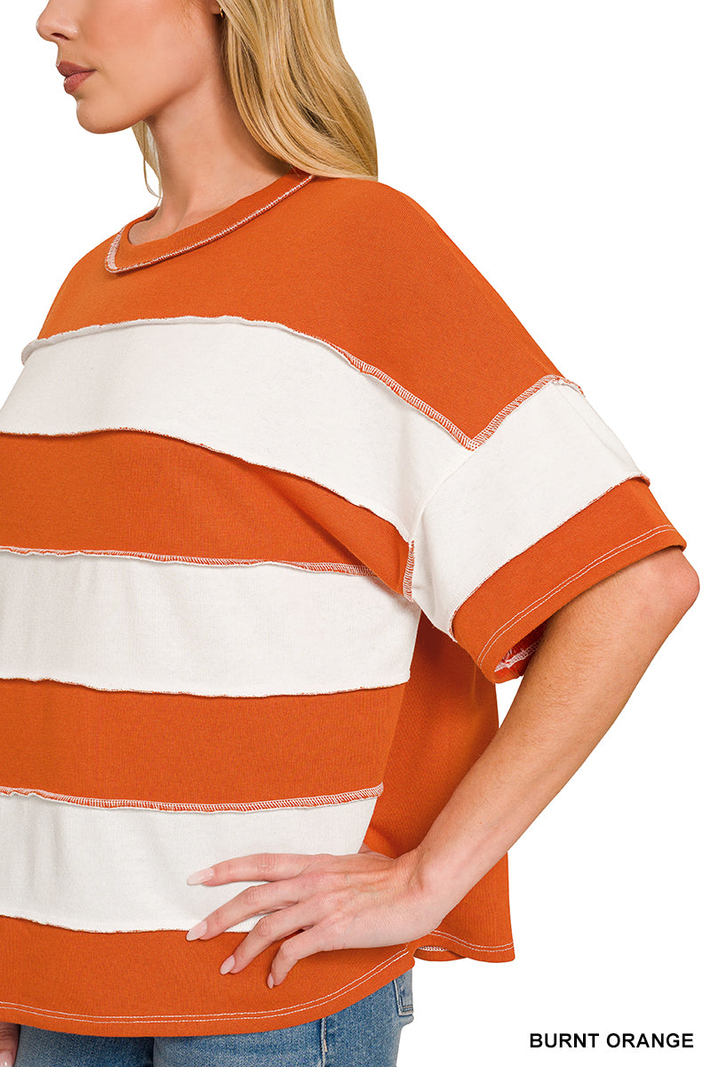 French Terry Striped Exposed Seam Top | Zenana Oversized Short Sleeve Pullover