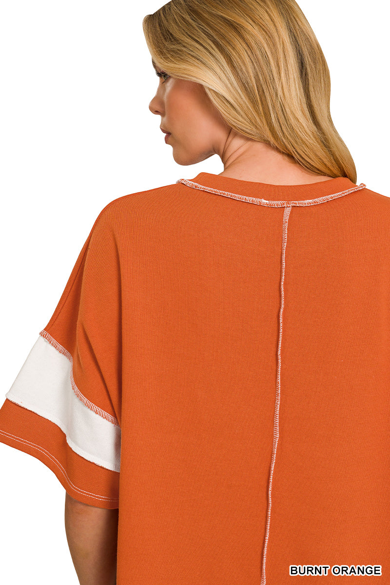 French Terry Striped Exposed Seam Top | Zenana Oversized Short Sleeve Pullover