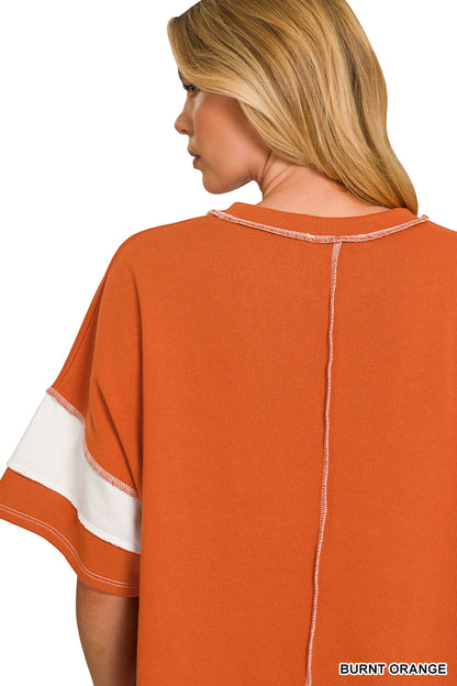 French Terry Striped Exposed Seam Top | Zenana Oversized Short Sleeve Pullover
