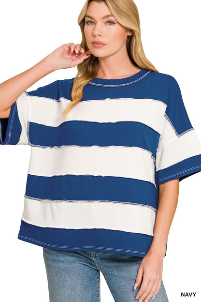 Navy French Terry Striped Exposed Seam Top | Zenana Oversized Short Sleeve Pullover
