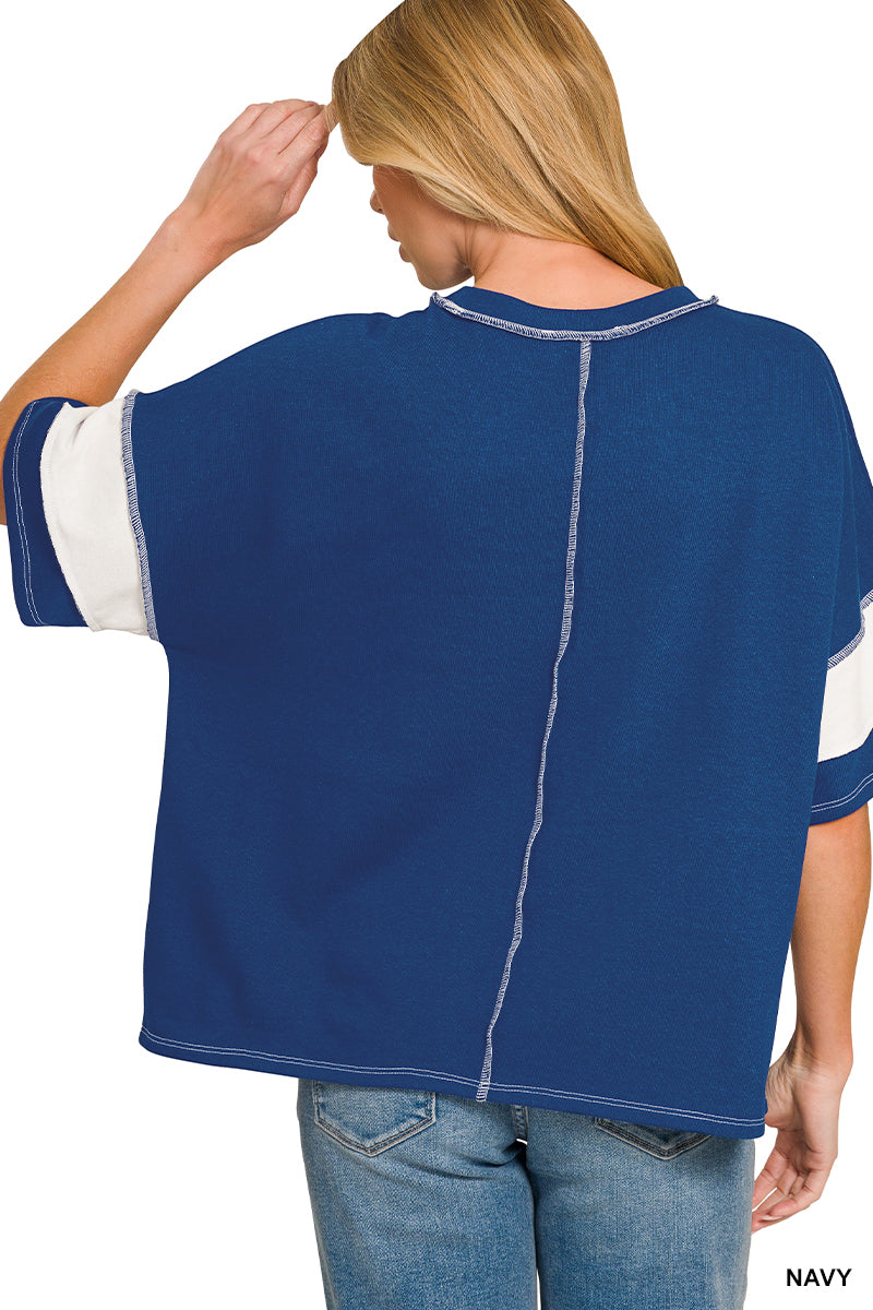 Navy French Terry Striped Exposed Seam Top | Zenana Oversized Short Sleeve Pullover