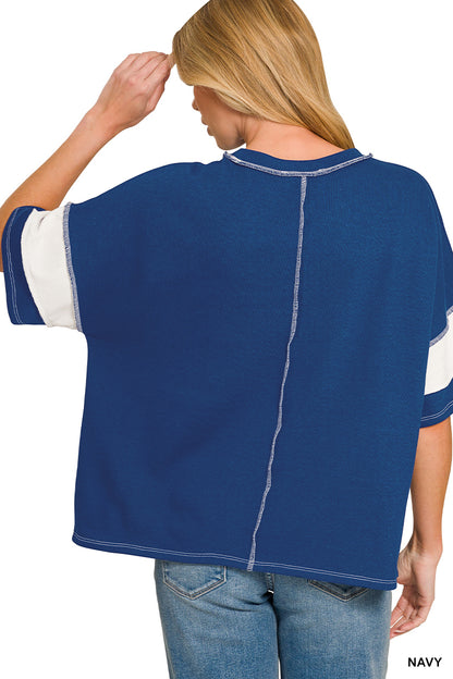Navy French Terry Striped Exposed Seam Top | Zenana Oversized Short Sleeve Pullover