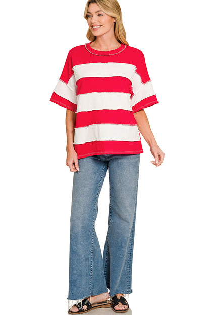 French Terry Striped Exposed Seam Top | Zenana Oversized Short Sleeve Pullover