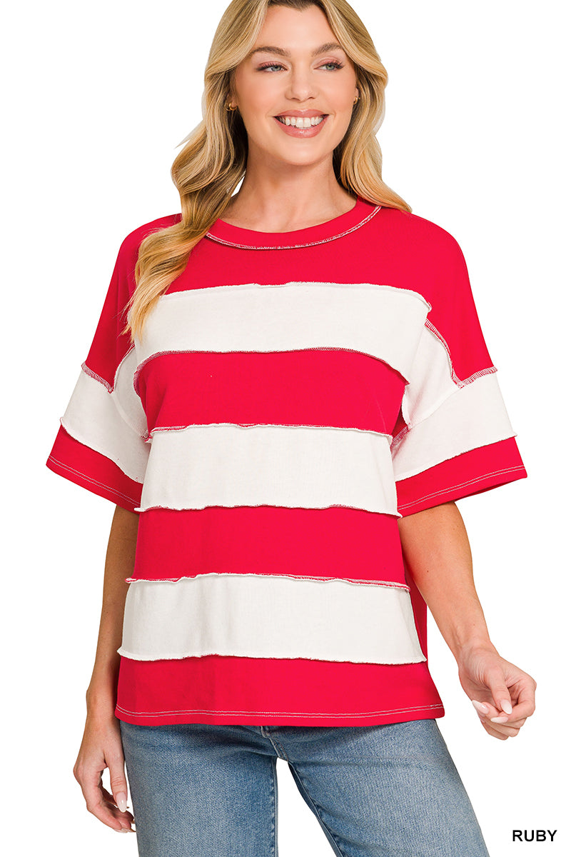 French Terry Striped Exposed Seam Top | Zenana Oversized Short Sleeve Pullover
