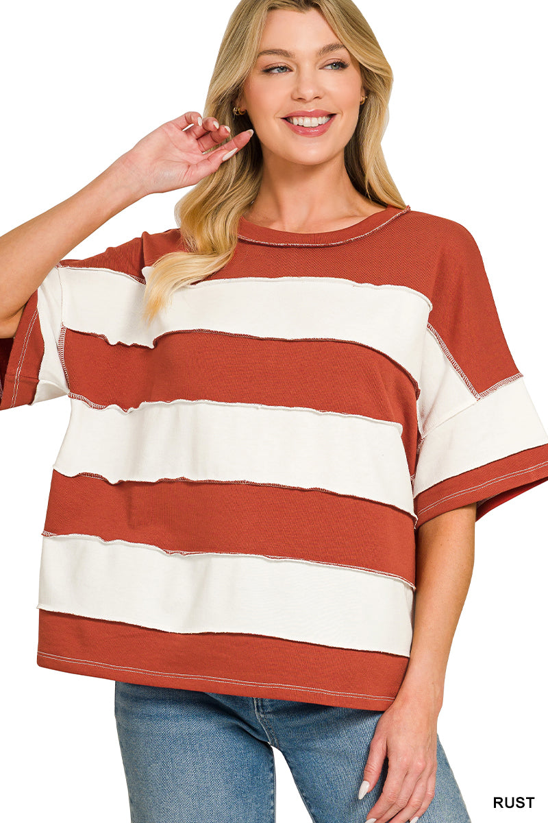 French Terry Striped Exposed Seam Top | Zenana Oversized Short Sleeve Pullover