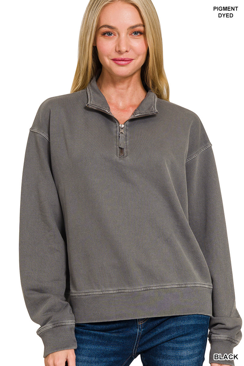 FRENCH TERRY PIGMENT DYE & ENZYEM WASHING HALF ZIP PULLOVER ZENANA