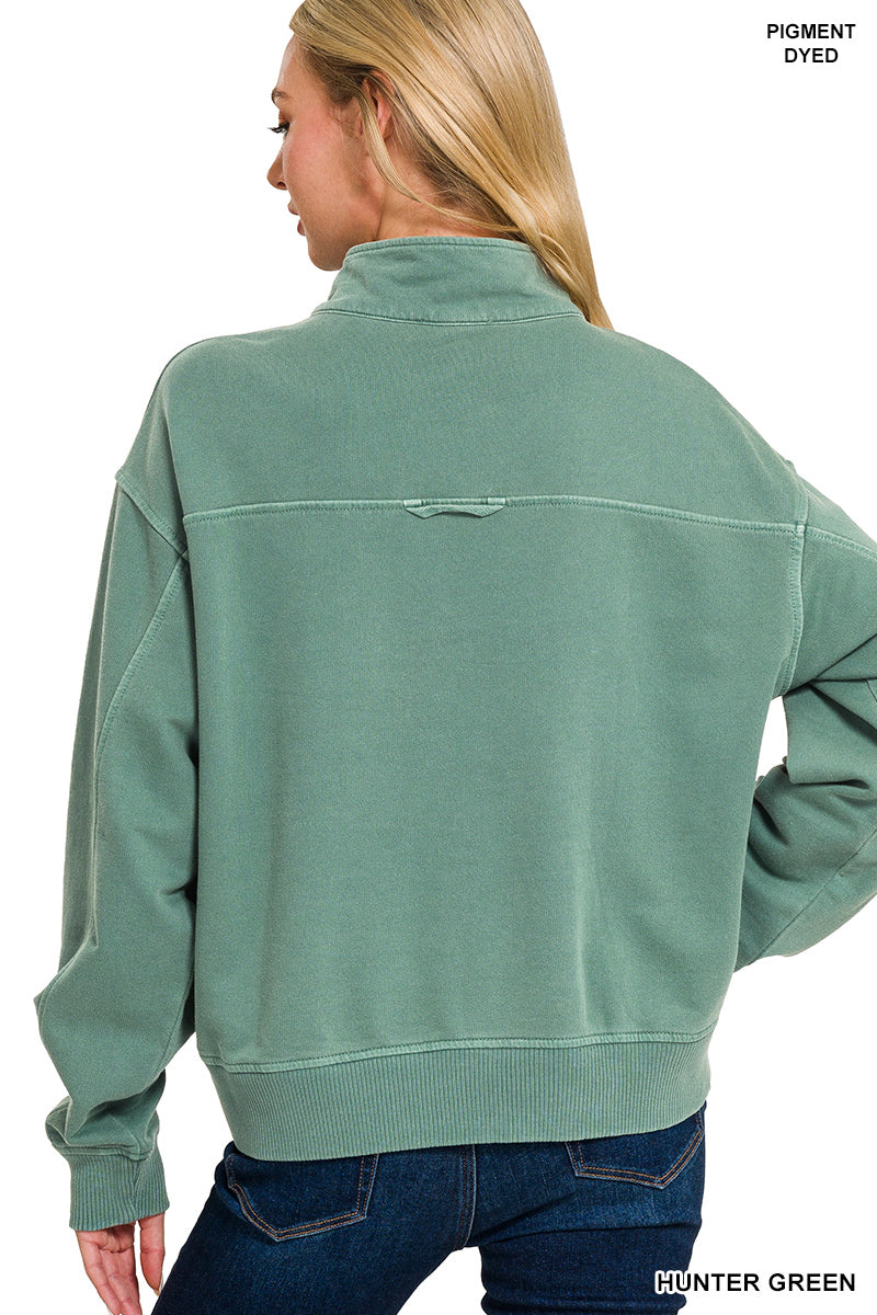 FRENCH TERRY PIGMENT DYE & ENZYEM WASHING HALF ZIP PULLOVER ZENANA