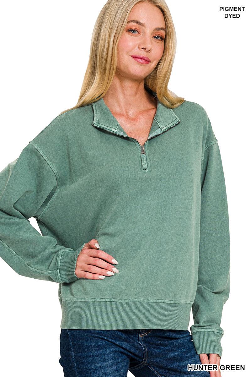 FRENCH TERRY PIGMENT DYE & ENZYEM WASHING HALF ZIP PULLOVER ZENANA