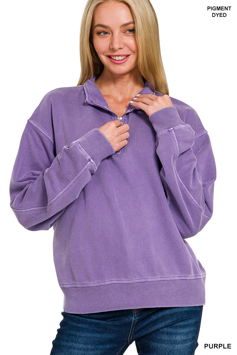 FRENCH TERRY PIGMENT DYE & ENZYEM WASHING HALF ZIP PULLOVER ZENANA