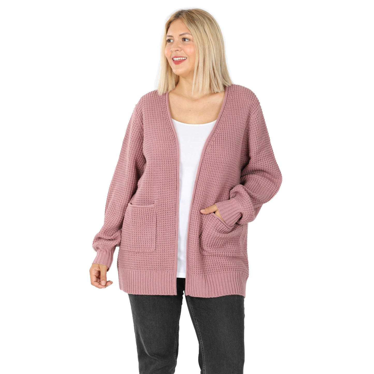 LOW GAUGE WAFFLE OPEN CARDIGAN SWEATER