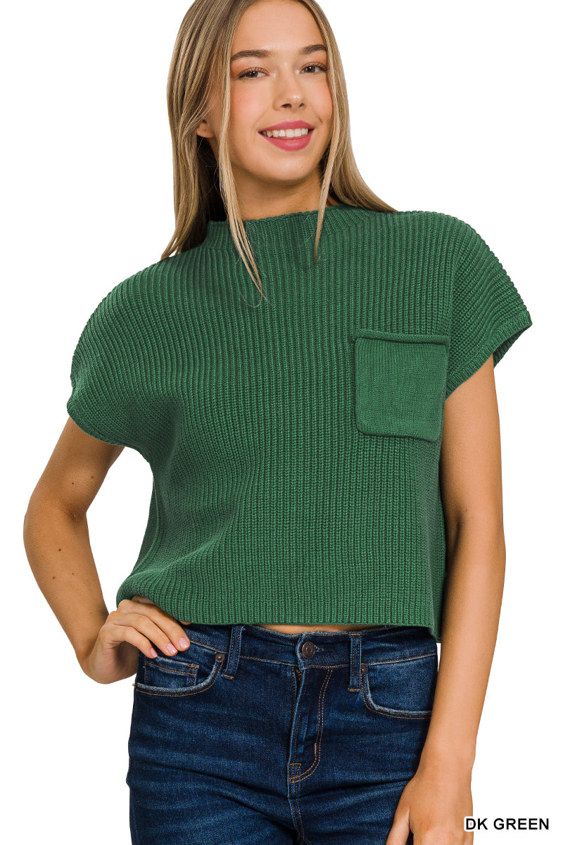 WASHED MOCK NECK SHORT SLEEVE CROPPED SWEATER ZENANA 2331A5