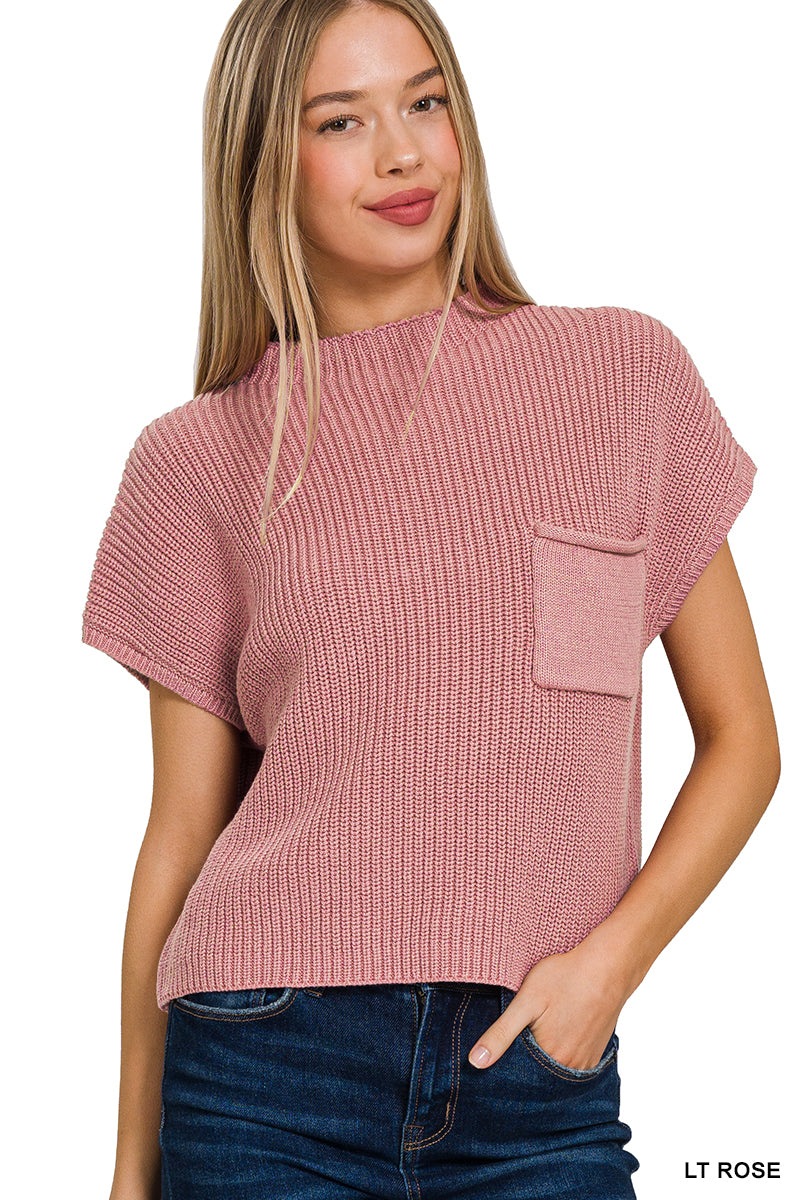 WASHED MOCK NECK SHORT SLEEVE CROPPED SWEATER ZENANA 2331A5