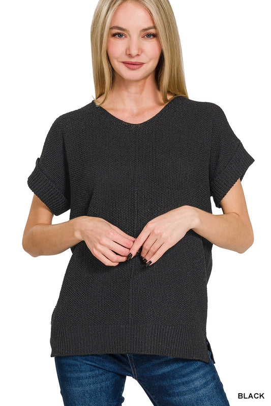 Lightweight Rolled Sleeve Knit Top | Zenana Short Sleeve Sweater Tee