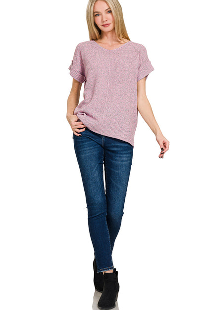 Lightweight Rolled Sleeve Knit Top | Zenana Short Sleeve Sweater Tee