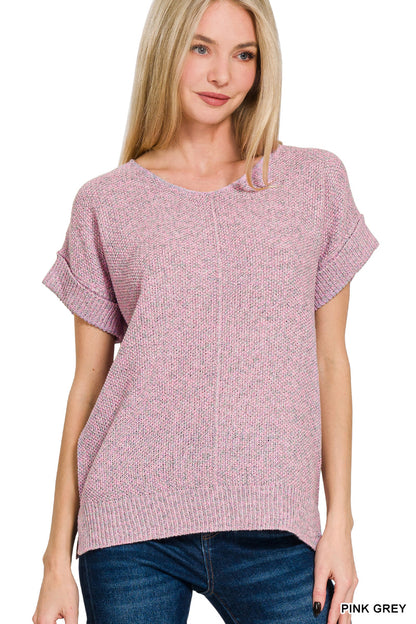 Lightweight Rolled Sleeve Knit Top | Zenana Short Sleeve Sweater Tee