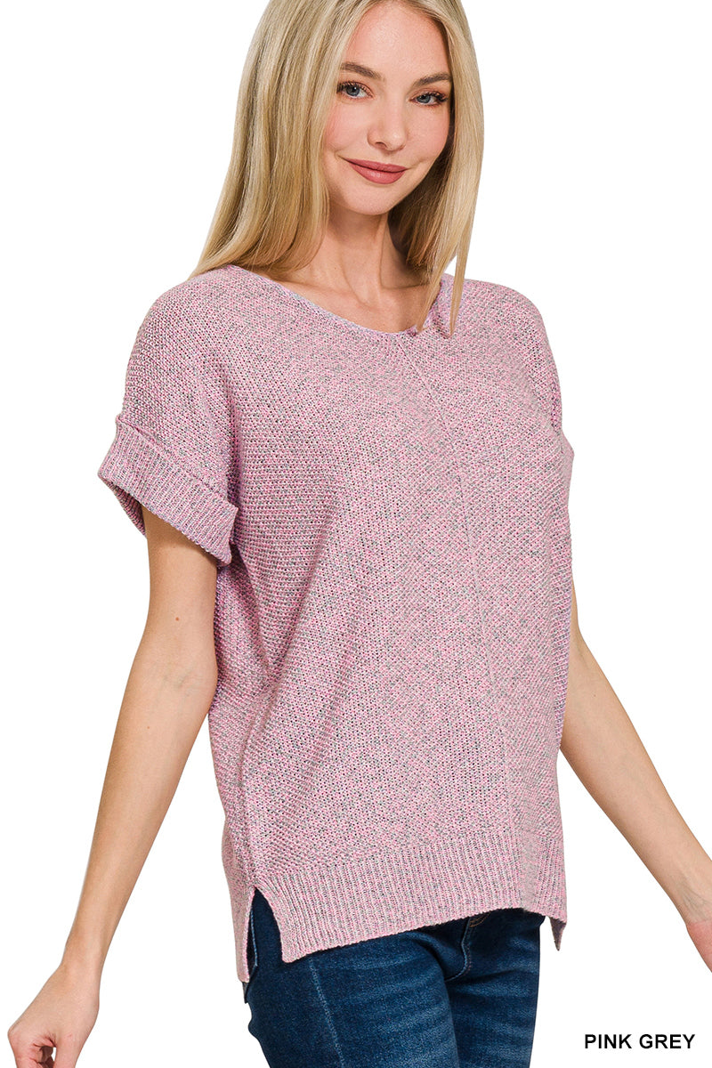 Lightweight Rolled Sleeve Knit Top | Zenana Short Sleeve Sweater Tee