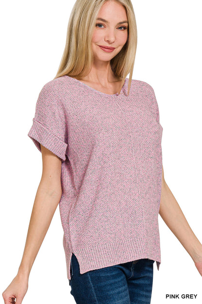 Lightweight Rolled Sleeve Knit Top | Zenana Short Sleeve Sweater Tee