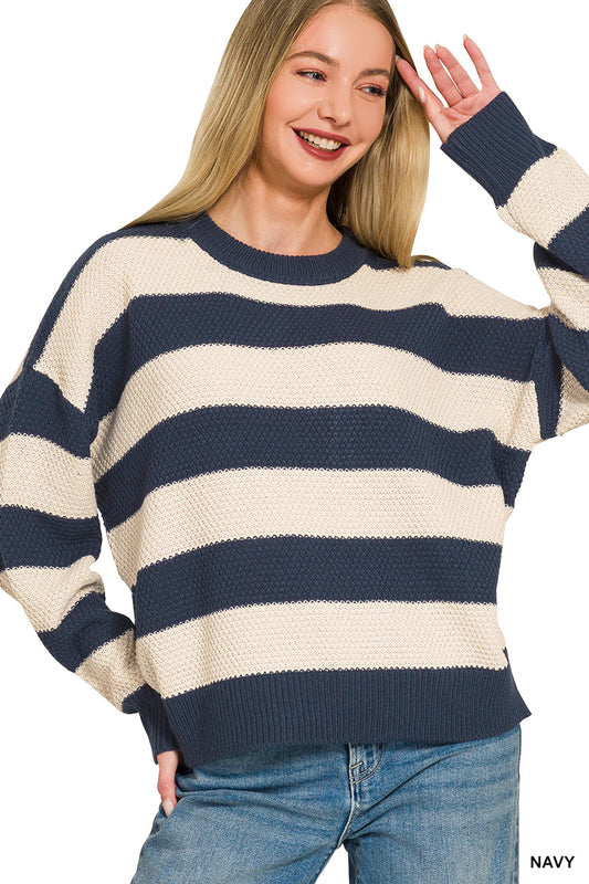Zenana Navy Stripe Drop Shoulder Sweater | Ivory Striped Crewneck Knit Pullover