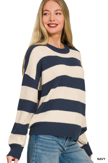 Zenana Navy Stripe Drop Shoulder Sweater | Ivory Striped Crewneck Knit Pullover