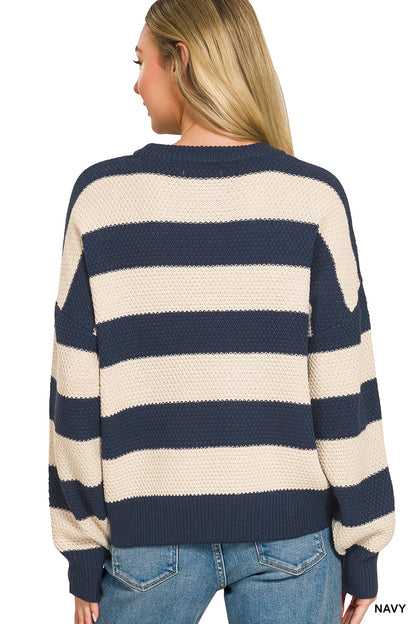 Zenana Navy Stripe Drop Shoulder Sweater | Ivory Striped Crewneck Knit Pullover