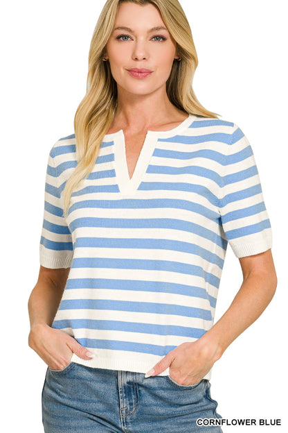 Blue Skies Stripe Split Neck Sweater Top