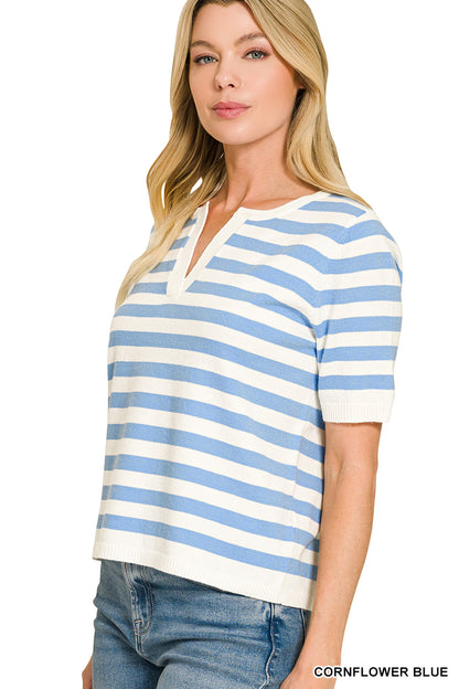 Blue Skies Stripe Split Neck Sweater Top