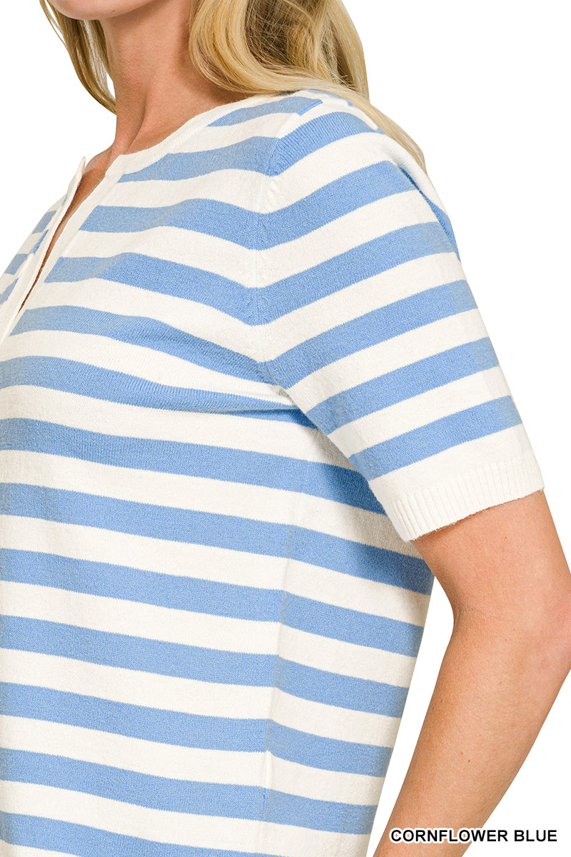 Blue Skies Stripe Split Neck Sweater Top