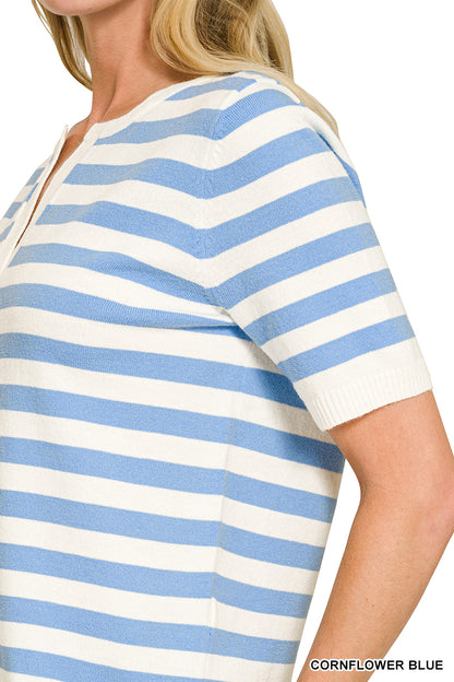 Blue Skies Stripe Split Neck Sweater Top