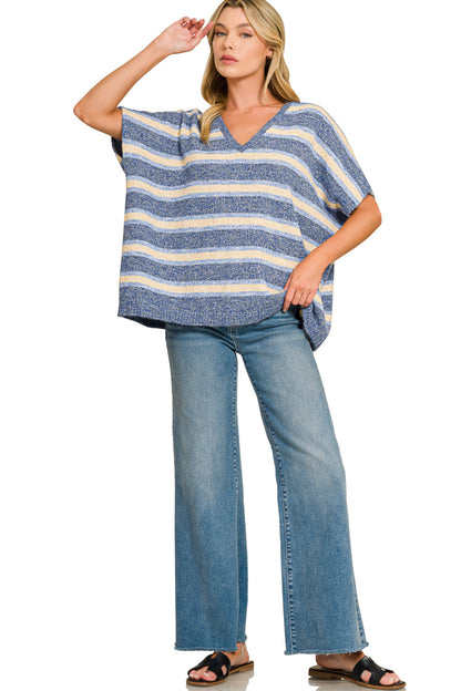 Coastal Haze Striped V-Neck Boxy Sweater | Navy Wool Blend Knit Top