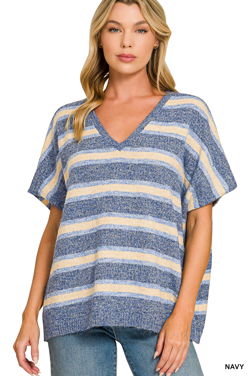 Coastal Haze Striped V-Neck Boxy Sweater | Navy Wool Blend Knit Top
