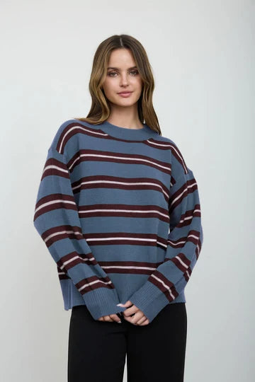 Blu Pepper Light Blue Striped Knit Sweater | Burgundy Stripe Crewneck Pullover