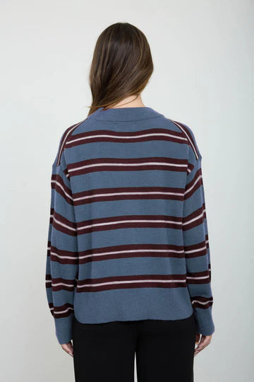Blu Pepper Light Blue Striped Knit Sweater | Burgundy Stripe Crewneck Pullover