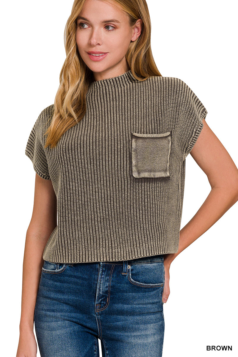 WASHED MOCK NECK SHORT SLEEVE CROPPED SWEATER ZENANA 2331A5