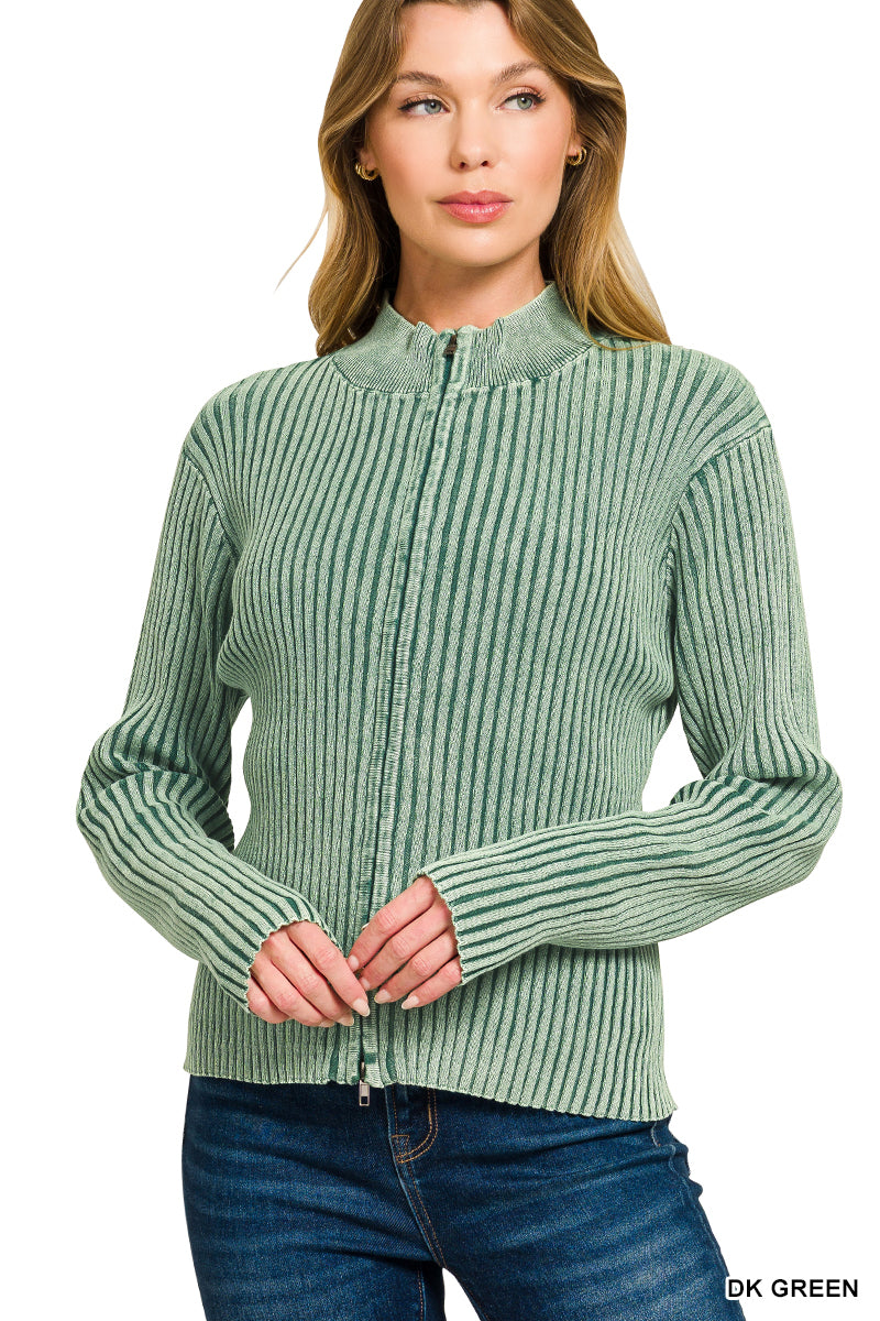 Zenana Dark Green Washed Zip-Up Sweater | Cotton Ribbed Mock Neck Cardigan