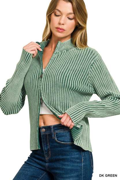 Zenana Dark Green Washed Zip-Up Sweater | Cotton Ribbed Mock Neck Cardigan
