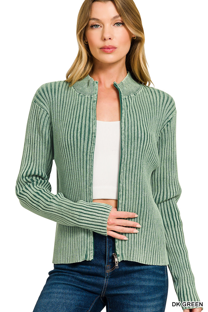 Zenana Dark Green Washed Zip-Up Sweater | Cotton Ribbed Mock Neck Cardigan