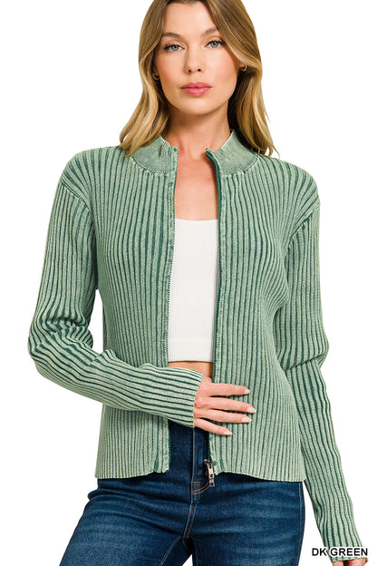 Zenana Dark Green Washed Zip-Up Sweater | Cotton Ribbed Mock Neck Cardigan