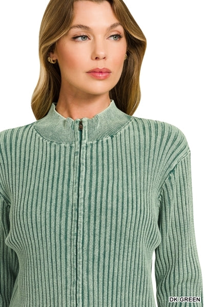 Zenana Dark Green Washed Zip-Up Sweater | Cotton Ribbed Mock Neck Cardigan