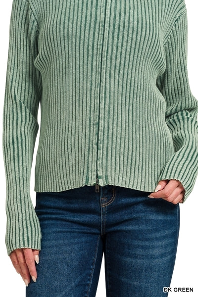 Zenana Dark Green Washed Zip-Up Sweater | Cotton Ribbed Mock Neck Cardigan