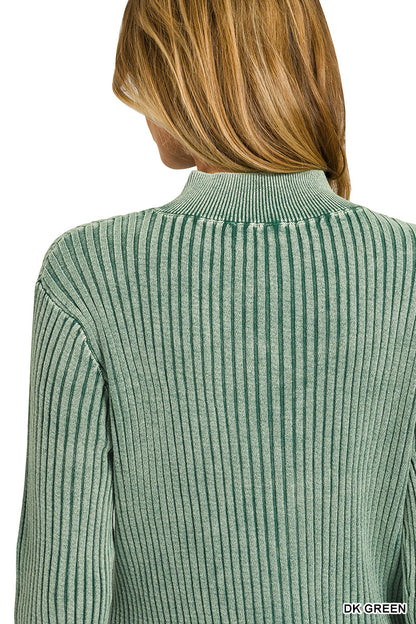 Zenana Dark Green Washed Zip-Up Sweater | Cotton Ribbed Mock Neck Cardigan