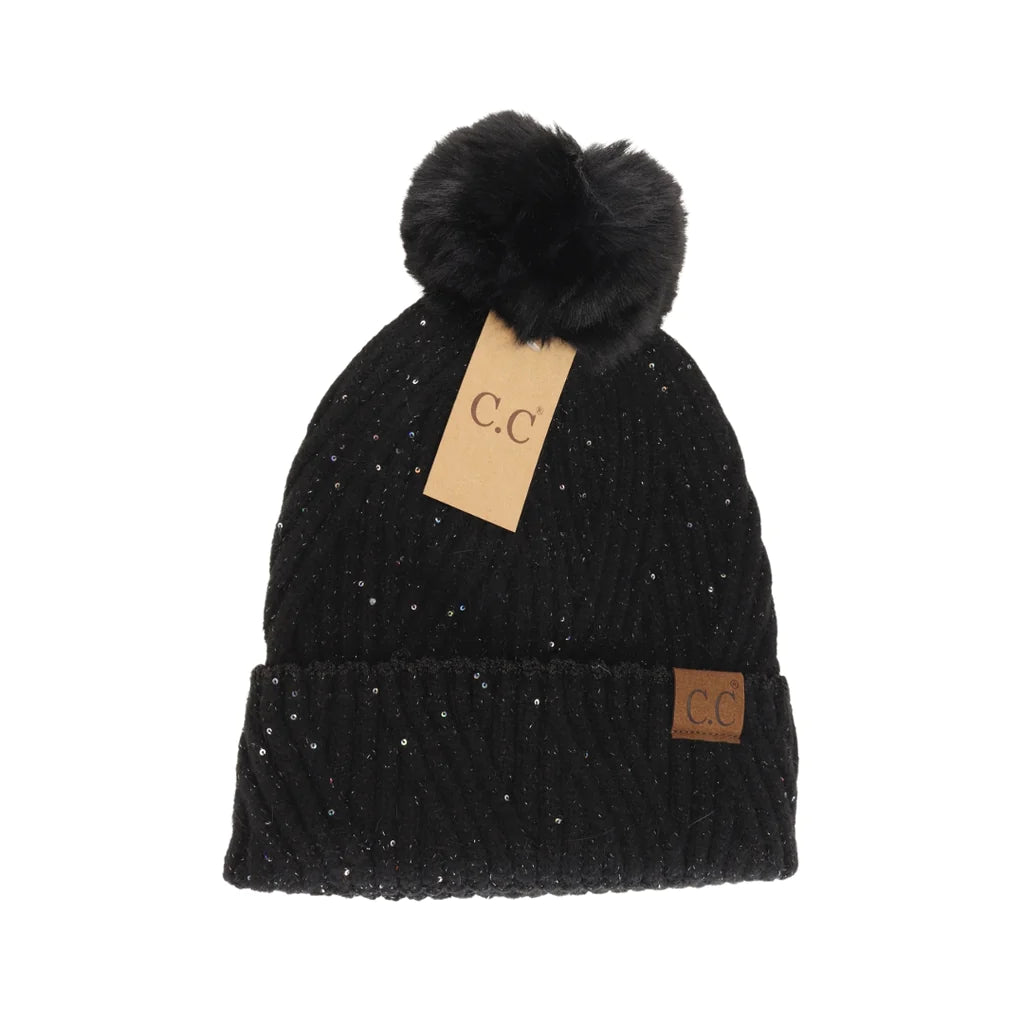 Scatter Sequin Faux Fur Pom C.C Beanie HTS0006