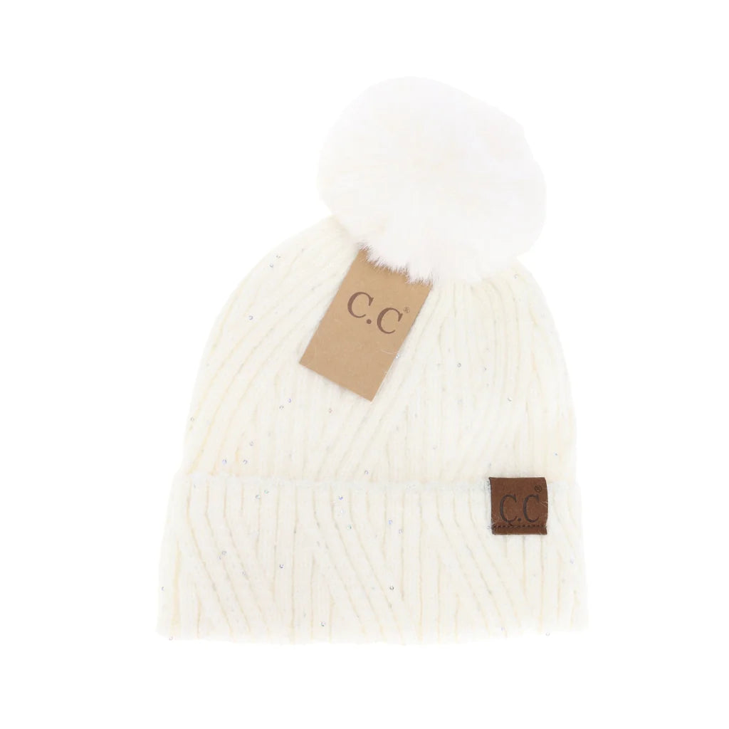 Scatter Sequin Faux Fur Pom C.C Beanie HTS0006