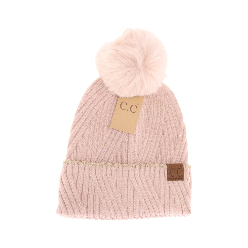 Scatter Sequin Faux Fur Pom C.C Beanie HTS0006