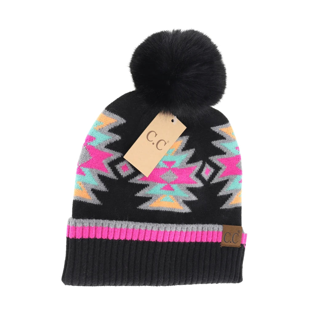 Southwestern Faux Fur Pom C.C Beanie HTE0030