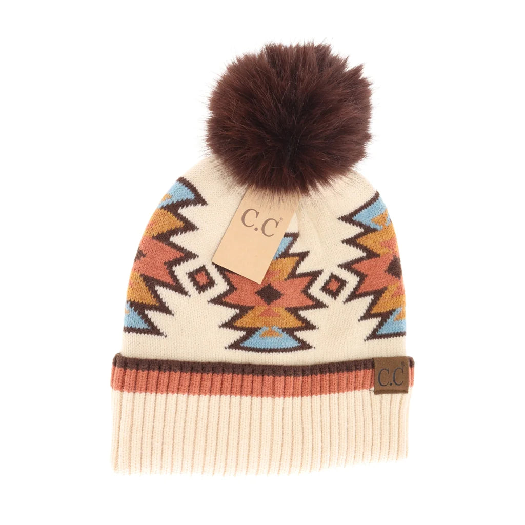 Southwestern Faux Fur Pom C.C Beanie HTE0030