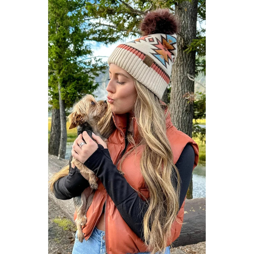 Southwestern Faux Fur Pom C.C Beanie HTE0030