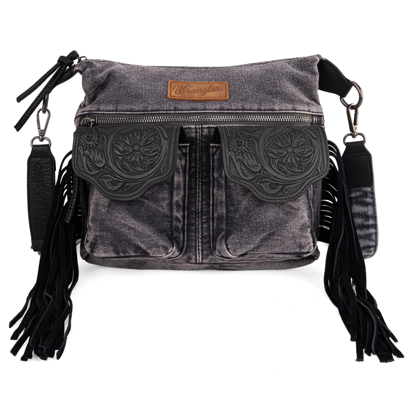 Wrangler Fringe Floral Tooled Denim Crossbody