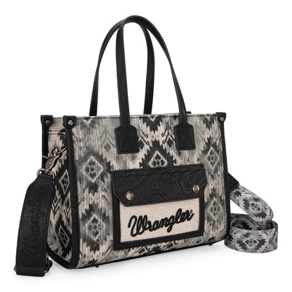 Wrangler Southwestern Dual-Sided Print Tote/Crossbody Bag – Aztec-Style Canvas Carry-All