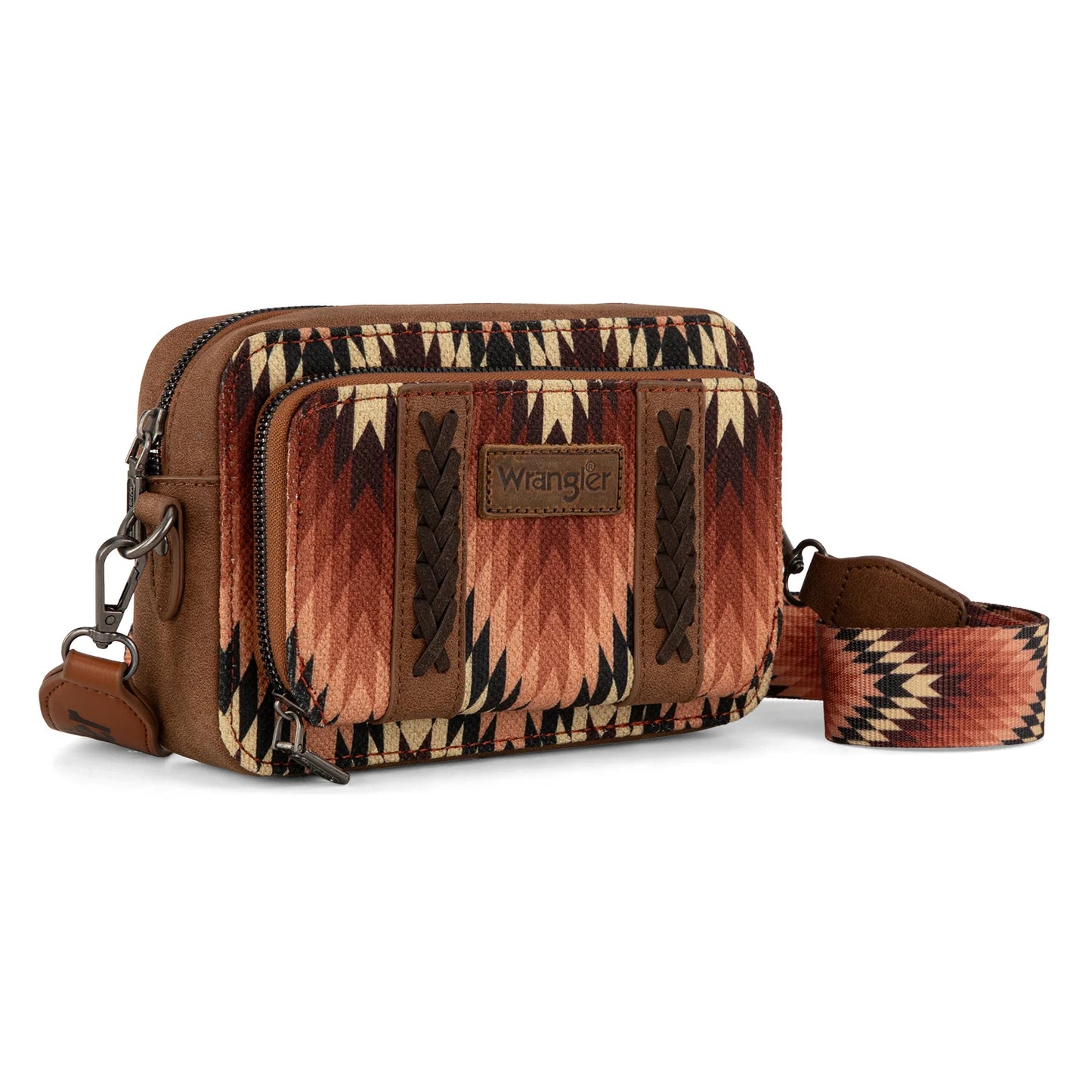 Wrangler Southwestern Pattern Dual Sided Print Crossbody Purse With Wallet Compartment -Brown