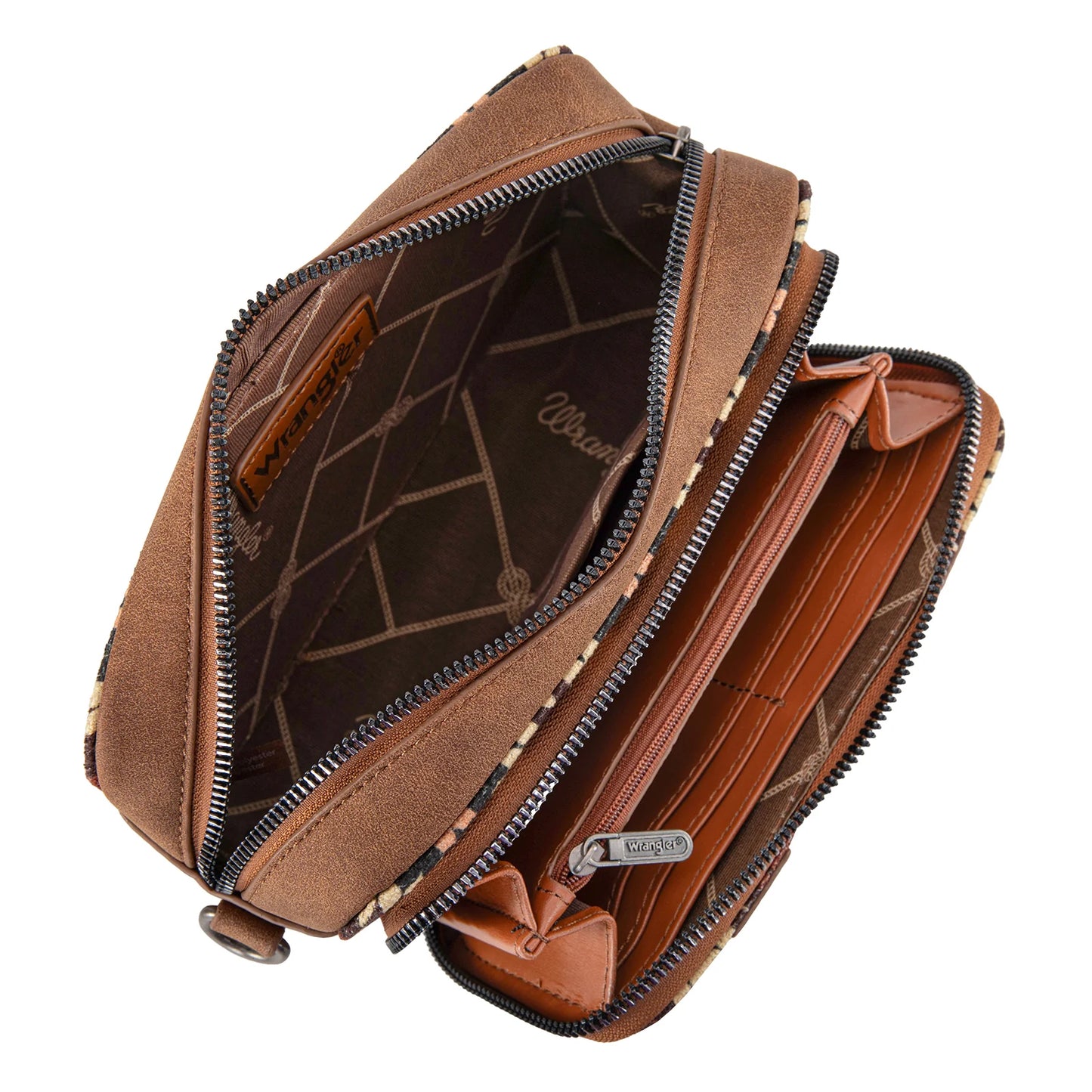 Wrangler Southwestern Pattern Dual Sided Print Crossbody Purse With Wallet Compartment -Brown